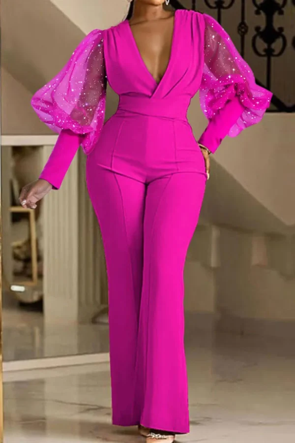 Casual See-through V Neck Regular Jumpsuits