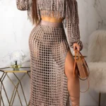 Pierced See-through Off the Shoulder Long Sleeve Two Pieces