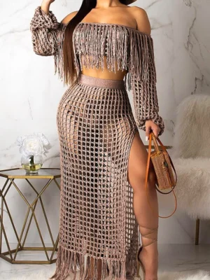 Pierced See-through Off the Shoulder Long Sleeve Two Pieces