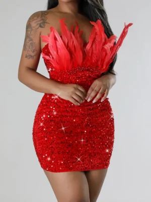 Red Sexy Feathers Strapless Wrapped Skirt Dress