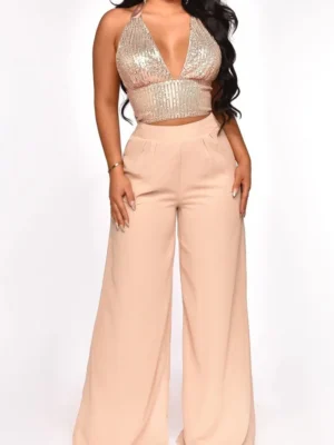 Sexy Sequins Backless Halter Sleeveless Two Pieces