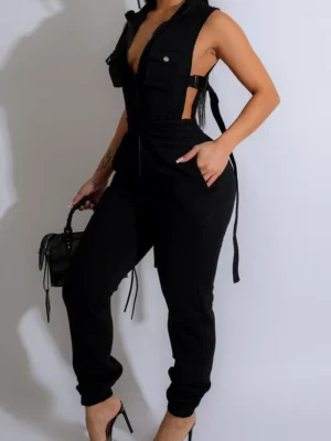 Jumpsuits Pocket Zipper Collar Skinny