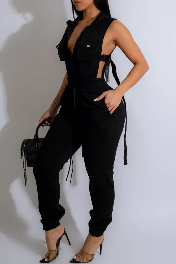 Jumpsuits Pocket Zipper Collar Skinny