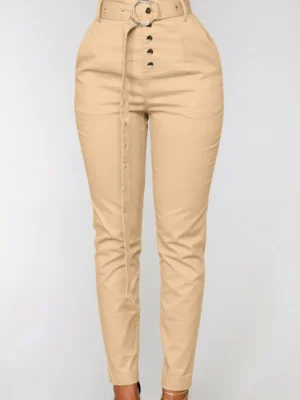 Khaki Casual With Belt Regular High Waist Pencil Bottoms