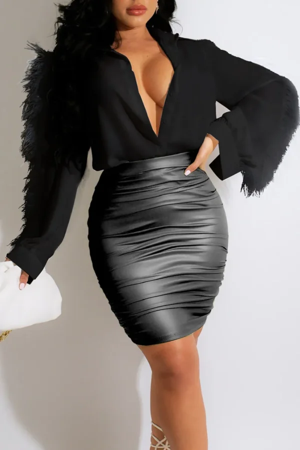 Fashion Solid Buckle Feathers Turndown Collar Top