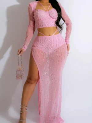 Elegant High Opening Mesh Zipper Long Sleeve Two-Piece Dress