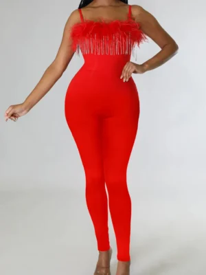 Sexy Feathers Spaghetti Strap Skinny Jumpsuit