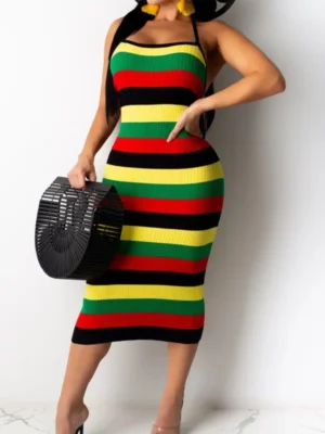 Fashion Off The Shoulder Sleeveless Halter Striped Dresses