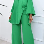 Casual Pleated O Neck Plus Size Two Pieces