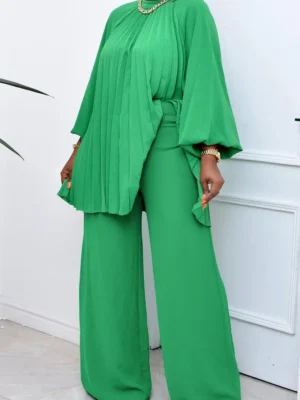 Casual Pleated O Neck Plus Size Two Pieces