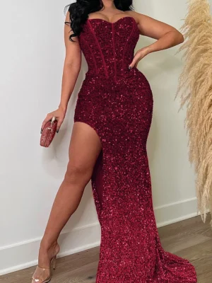 Sexy Formal Sequins Backless Slit Scalloped Long Dress