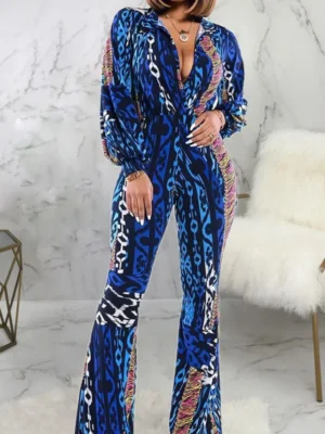 Sexy Print Long Sleeve Turndown Collar Jumpsuit