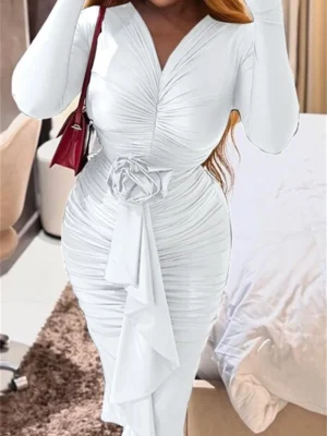 Casual Solid Fold V Neck Long Sleeve Dress