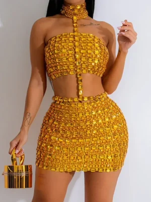 Sexy Hot Backless Rhinestone Decor Halter Sleeveless Two Pieces