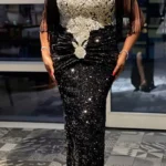 Black Elegant Tassel Sequins Appliques Off-Shoulder Straight Dress