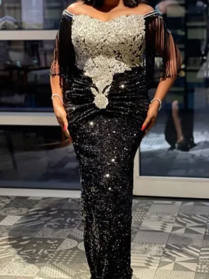 Black Elegant Tassel Sequins Appliques Off-Shoulder Straight Dress