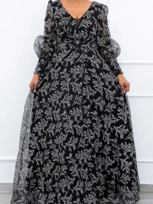 Elegant Print With Belt Mesh V Neck Long Sleeve Dress