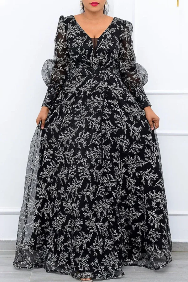 Elegant Print With Belt Mesh V Neck Long Sleeve Dress