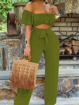 Casual Backless Bateau Neck Regular Front Tie Off Shoulder Jumpsuit