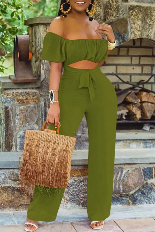 Casual Backless Bateau Neck Regular Front Tie Off Shoulder Jumpsuit