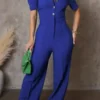 Formal Turndown Collar Long Sleeve Pocket Buckle Wide Leg Jumpsuits