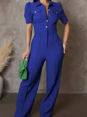 Formal Turndown Collar Long Sleeve Pocket Buckle Wide Leg Jumpsuits