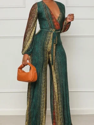 Green Casual Print V Neck Regular Jumpsuit