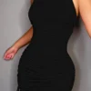 Sexy Solid Draw String Fold O Neck Pencil Skirt Dress