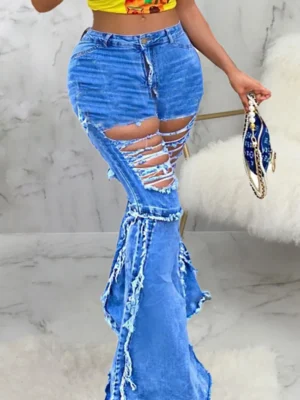 Blue Sexy High Waist Regular Ripped Flare Leg Denim