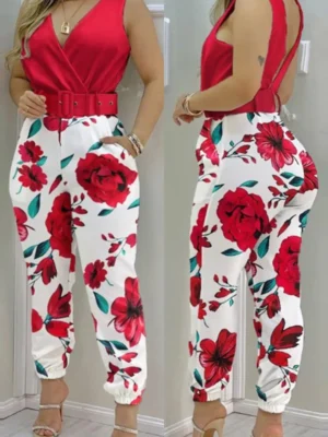 Casual Print Solid Backless V Neck Skinny Jumpsuit (With Belt)