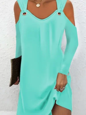 Casual Solid Hollowed Out V Neck Long Sleeve Dress