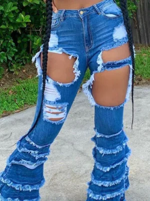 Blue Old Raw Hem Frayed Ruffled Flare Leg Ripped Skinny Denim Jeans