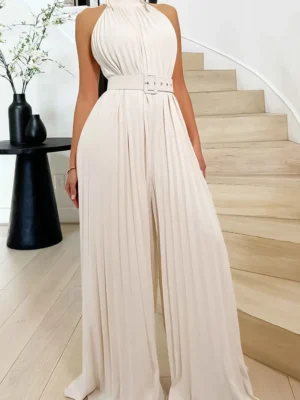 Celebrities Belt Pleated O Neck Loose Jumpsuit