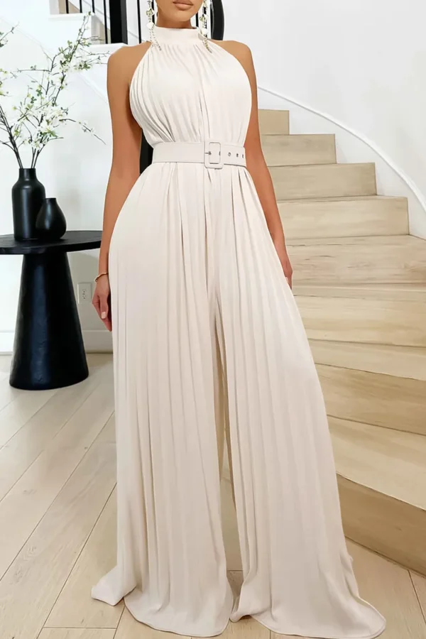 Celebrities Belt Pleated O Neck Loose Jumpsuit