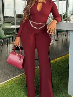 Brick Red Sweet Solid Hollowed Out O Neck Regular Jumpsuit Including Chains）