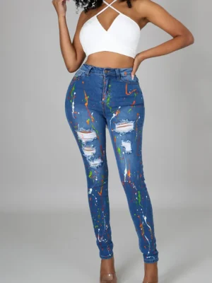 Street Print Pocket Zipper High Waist Skinny Denim Jeans