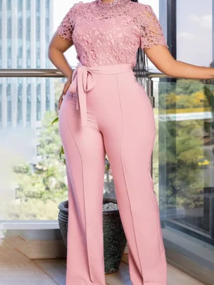 Celebrities Lace Strap Design O Neck Regular Jumpsuit