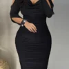 Casual Hollowed Out Fold V Neck Long Sleeve Dress