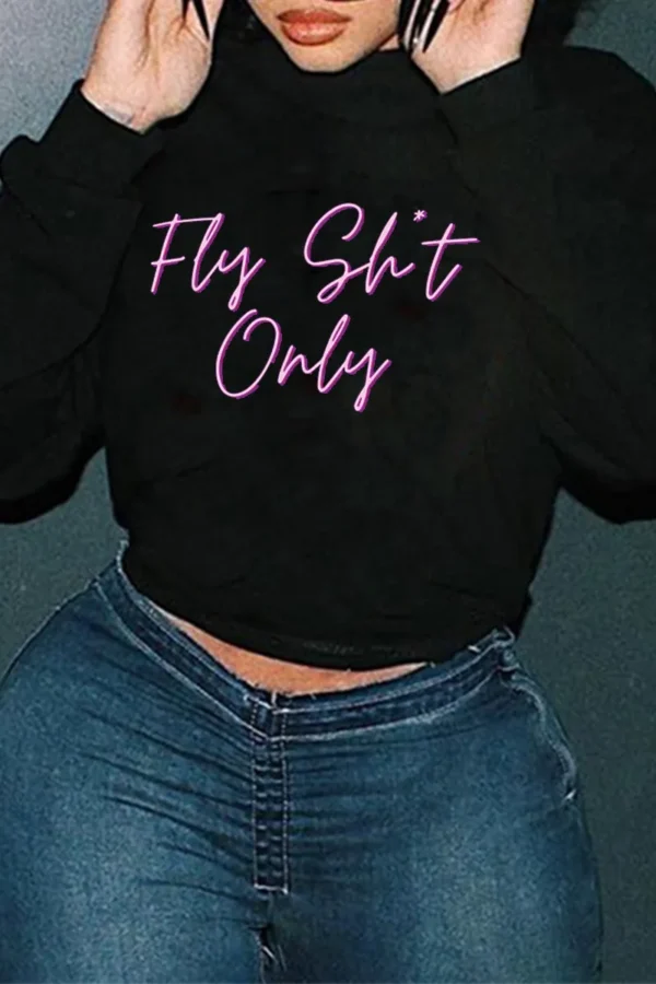 Black Casual Daily Letter O Neck Tops