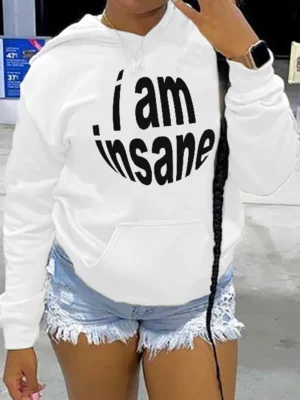 White Casual Daily Print Letter Hooded Collar Tops