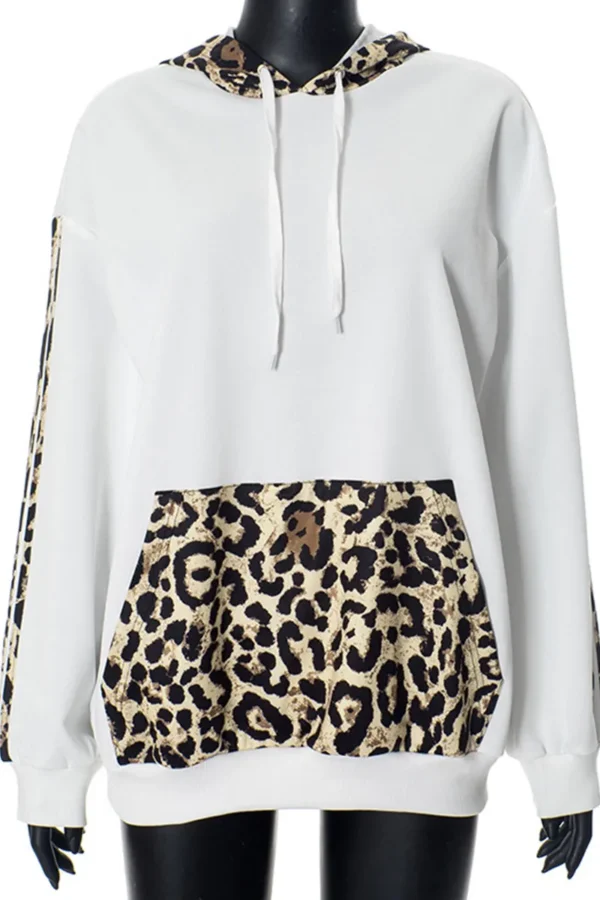 Black Casual Leopard Print Pocket Hooded Tops