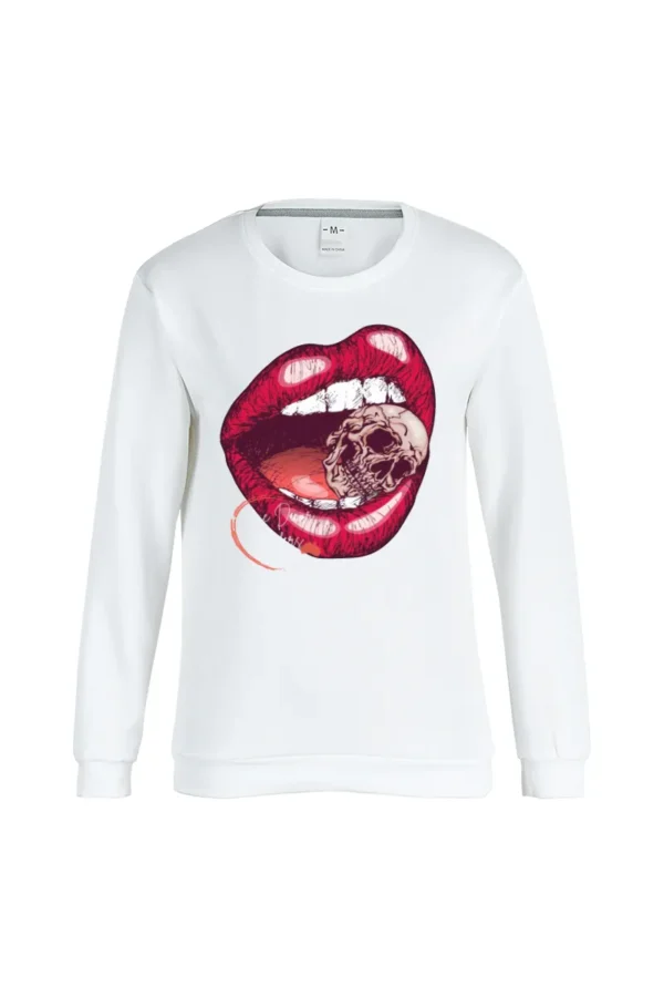 White Casual Street Lips Printed O Neck Tops