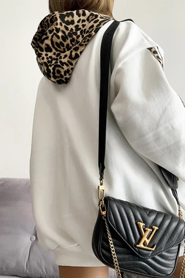 Black Casual Leopard Print Pocket Hooded Tops
