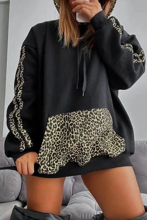 Black Casual Leopard Print Pocket Hooded Tops