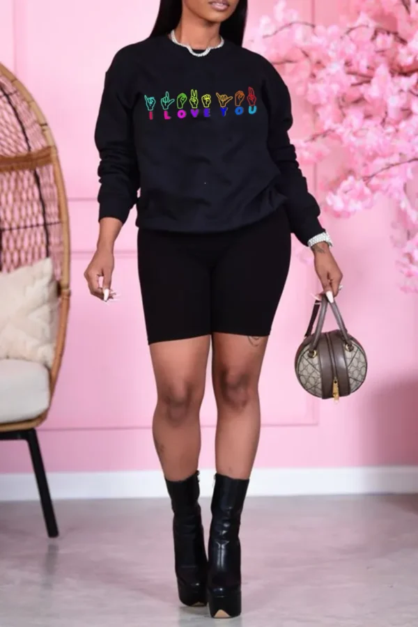 Black Casual Print O Neck Tops