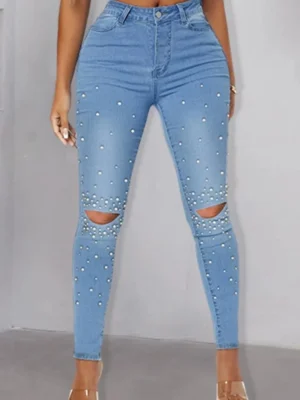 Medium Blue Casual Ripped Beading High Waist Skinny Denim Jeans