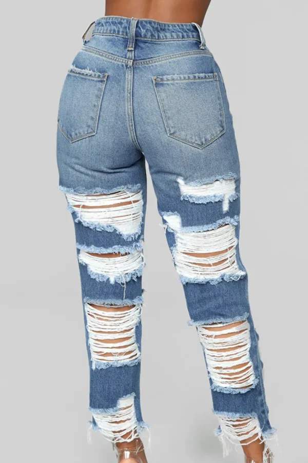 Baby Blue Zipper High Waist Straight Ripped Denim Jeans