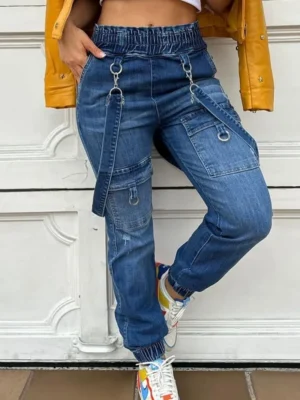 Blue Casual High Waist Regular Cargo Denim Jeans