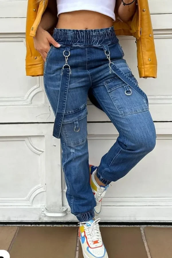 Blue Casual High Waist Regular Cargo Denim Jeans