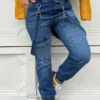 Blue Casual High Waist Regular Cargo Denim Jeans
